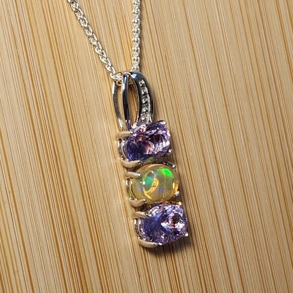 NIB Natural Ethiopian Welo Opal & Genuine Tanzanite Necklace 925 16" Necklace - Picture 1 of 12